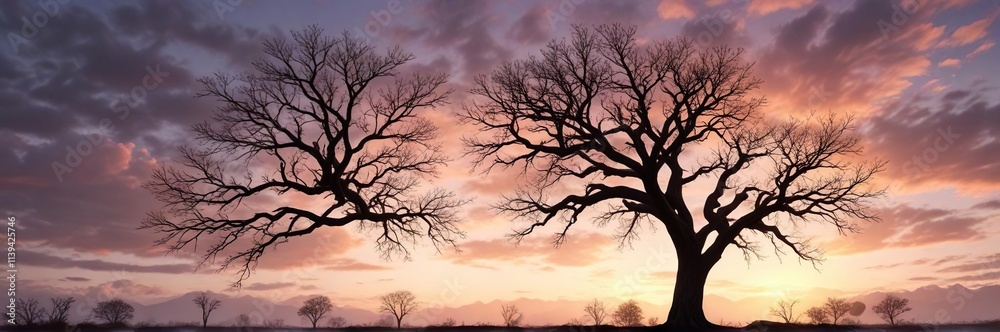 A tree's bare limbs stretching towards the pale light of dawn against a cloudy sky , morning, grey, pale A tree's bare limbs stretching towards the pale light of dawn against a cloudy sky , morning, grey, pale