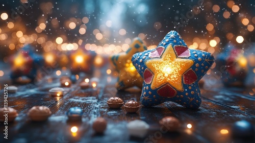 An artistic arrangement of dreidels painted by hand and chocolate coins scattered on a rustic wooden table with glowing lights in the distance. photo