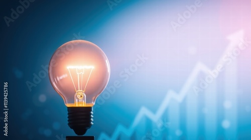 Light bulb is lit up in front of a blue background with a line going up