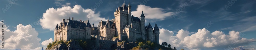 A majestic castle with a blue sky and dramatic clouds towering above it, cloud, ancient A majestic castle with a blue sky and dramatic clouds towering above it, cloud, ancient