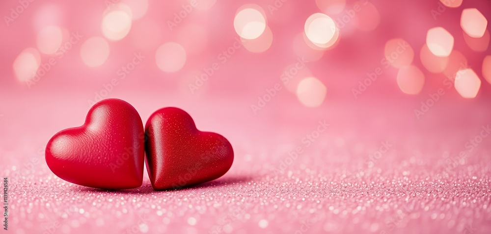 Obraz premium Two Hearts on Pink Glitter Romantic Valentine's Day Background