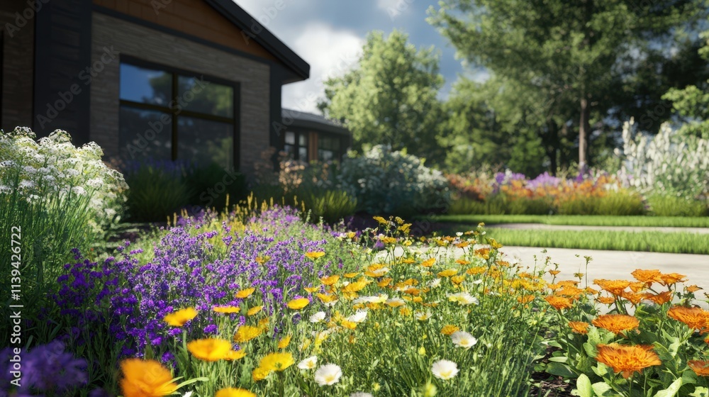 Vibrant Flower Garden Near Modern Home Exterior Vibrant Flower Garden Near Modern Home Exterior