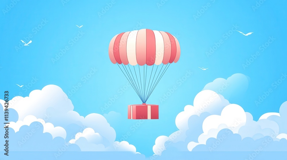 Fototapeta premium A Box flying on a parachute with pink cloud,vector illustration of package flying down from sky and cloud with parachute, concept for delivery service,shopping online,air delivery service.