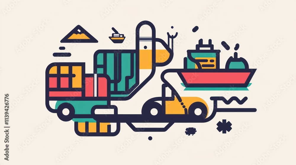 Naklejka premium A creative icon design of a delivery route with a truck, a ship, and a pallet, illustrating the interconnected shipping process