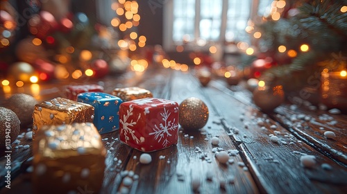 A delightful assortment of hand-painted dreidels and chocolate gelt artfully displayed on a wooden tabletop with warm twinkling lights in the background.