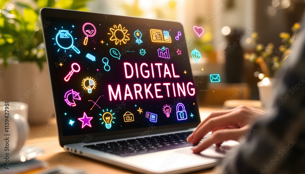 Digital Marketing Neon Design on Laptop Screen, Modern Marketing Tools