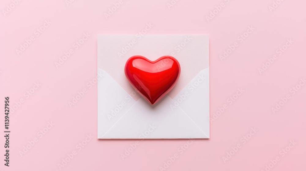 Red heart on a minimalist love letter, captured from above on a pastel pink background. Red heart on a minimalist love letter, captured from above on a pastel pink background.