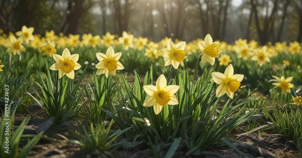 Sunny daffodils swaying gently in a green meadow, wildflowers, daffodils Sunny daffodils swaying gently in a green meadow, wildflowers, daffodils