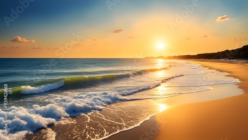 a hot summer beach scene, featuring a blazing sun shining brightly. photo