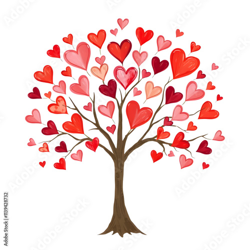 Love Tree: A whimsical illustration of a tree bursting with vibrant red hearts, symbolizing affection, love, and the growth of relationships.  