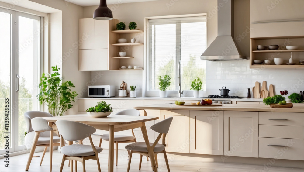Fototapeta premium A Bright and Inviting Light Kitchen Interior with Dining Area