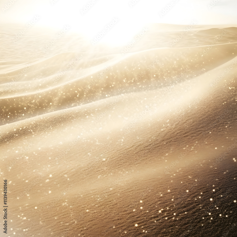 A sandy beach with a bright sun shining on it. The sand is covered in small white specks, giving it a sparkling appearance. Concept of relaxation and tranquility, as one can imagine lying on the beach