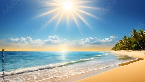 a hot summer beach scene, featuring a blazing sun shining brightly. photo