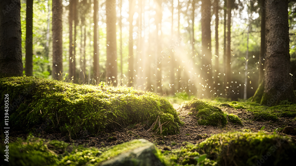 Obraz premium A forest with sunlight shining through the trees. The sunlight is casting shadows on the ground, and there are many insects flying around. Scene is peaceful and serene, as the forest is a natural