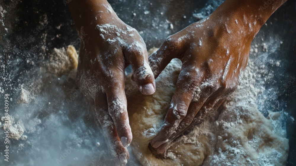 Fototapeta premium Hands Kneading Dough Flour Dust Baking