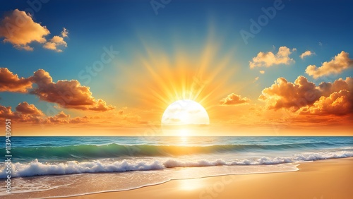 a hot summer beach scene, featuring a blazing sun shining brightly. photo