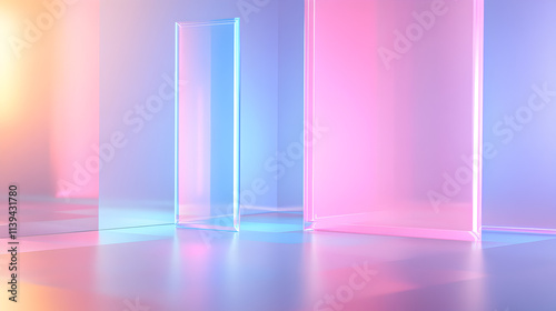 A room with a blue wall and pink walls. The room is lit with neon lights. There are three glass walls in the room