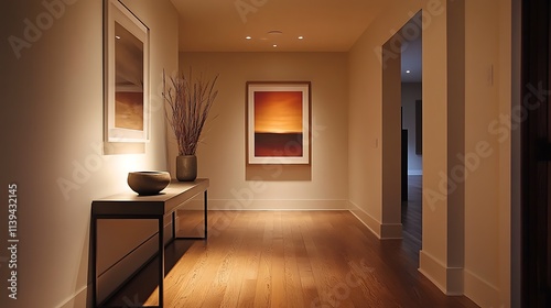 Minimalist entryway with spotlighted artwork, sleek console table, and soft shadows at night