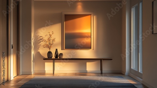 Minimalist entryway with spotlighted artwork, sleek console table, and soft shadows at night