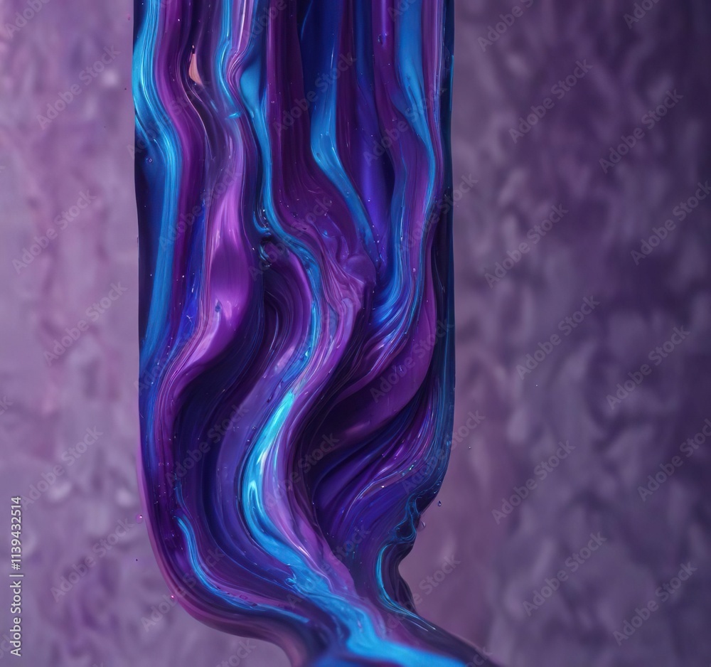 Obraz premium Iridescent purple and blue liquid flowing through a narrow pipe, creating an abstract pattern on the wall behind it, flowing, creative medium, blue