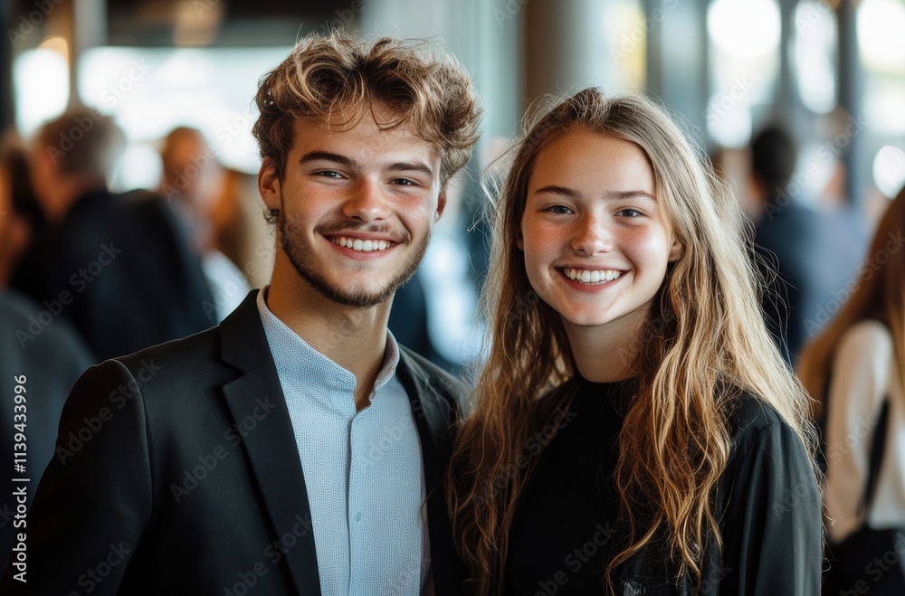 Two teen man and woman businesspeople are smiling and conversing at a corporate event, both wearing lanyards exhibition card. The background is blurred of trade show event. Two teen man and woman businesspeople are smiling and conversing at a corporate event, both wearing lanyards exhibition card. The background is blurred of trade show event.
