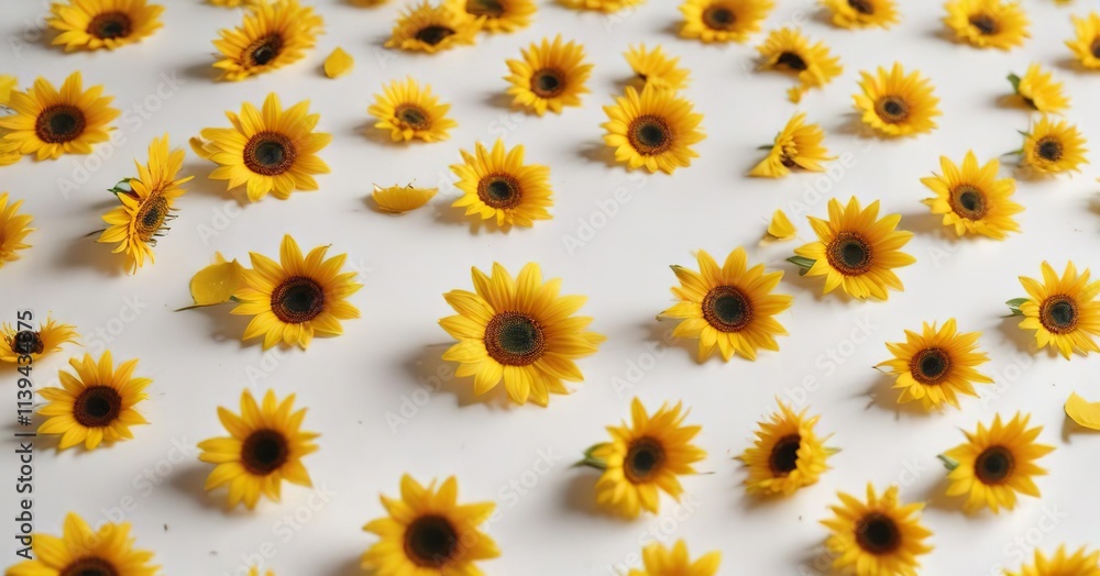 bright yellow sunflower petals scattered on a white background, warm light, blue flowers bright yellow sunflower petals scattered on a white background, warm light, blue flowers