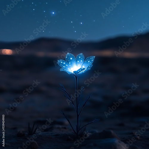 A single captivating flower growing in the middle of a vast desert landscape its petals shaped like shimmering stars that glow brilliantly under the starlit night sky  This enchanting photo