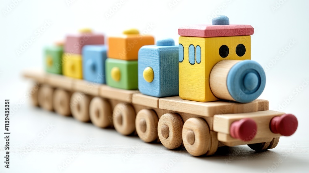 Naklejka premium Colorful wooden toy train with block cargo on white background.