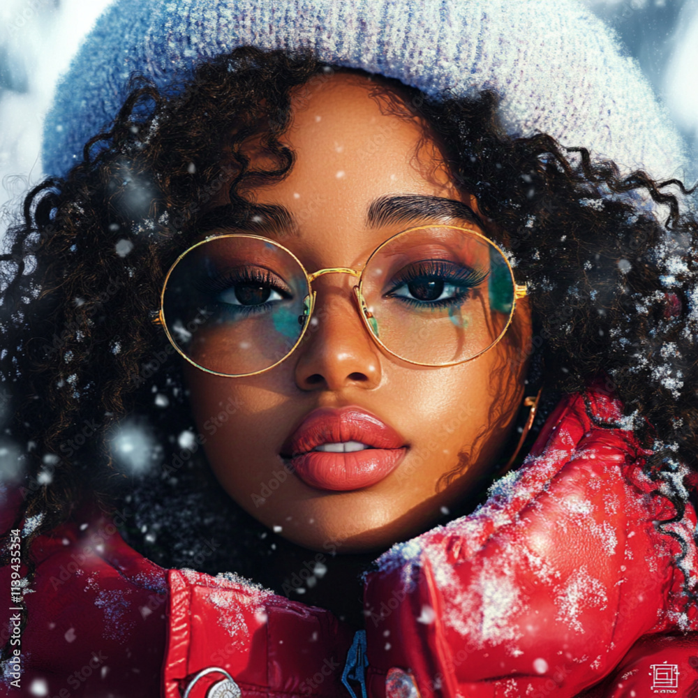 afro american beautiful women model young, snowy winter background, bright colors, swag hip hop afro american beautiful women model young, snowy winter background, bright colors, swag hip hop