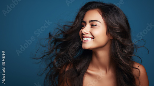 Portrait of smiling latin american teenage girl with blue background.