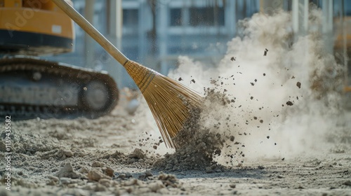 Dust and debris being swept into the air with a straw broom at a construction site, illustrating the cleaning process after heavy work.