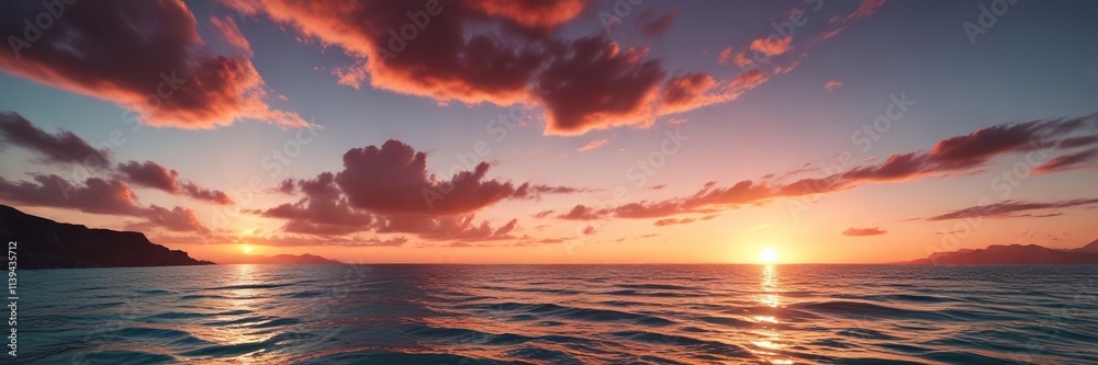 Obraz premium A peachy red and turquoise sunset over the ocean, sandy shore, beach view