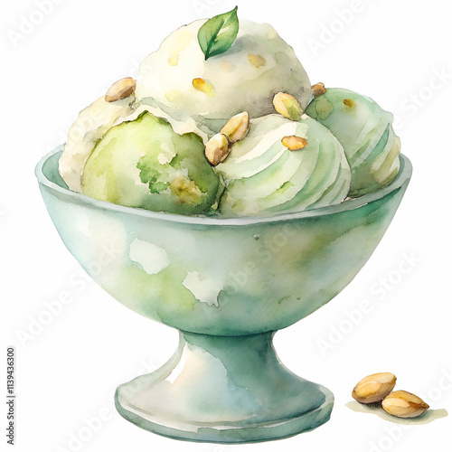 Watercolor Painting of Pistachio and Mint Ice Cream Sundae
