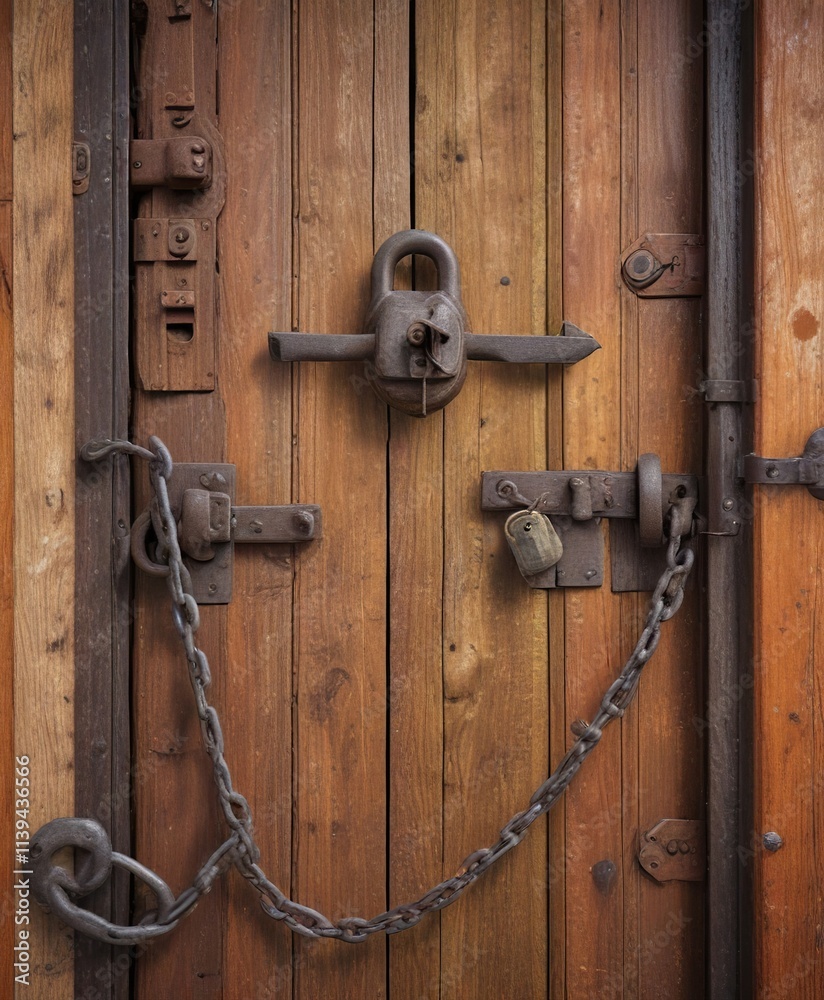 Weathered wooden door with rusted padlock and chains, abandoned house, outdoor decor, old lock Weathered wooden door with rusted padlock and chains, abandoned house, outdoor decor, old lock