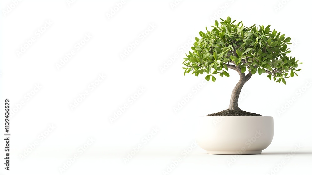 A small, lush green bonsai tree in a simple white pot against a clean, bright background. A small, lush green bonsai tree in a simple white pot against a clean, bright background.