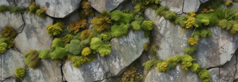 Weathered cement wall with lush moss growth and yellowish-green mildew stains, seen from above on a gray overcast day, architecture, mildew, grey Weathered cement wall with lush moss growth and yellowish-green mildew stains, seen from above on a gray overcast day, architecture, mildew, grey