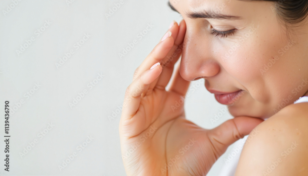 Woman touching her temple in a pensive mood against a soft background Woman touching her temple in a pensive mood against a soft background