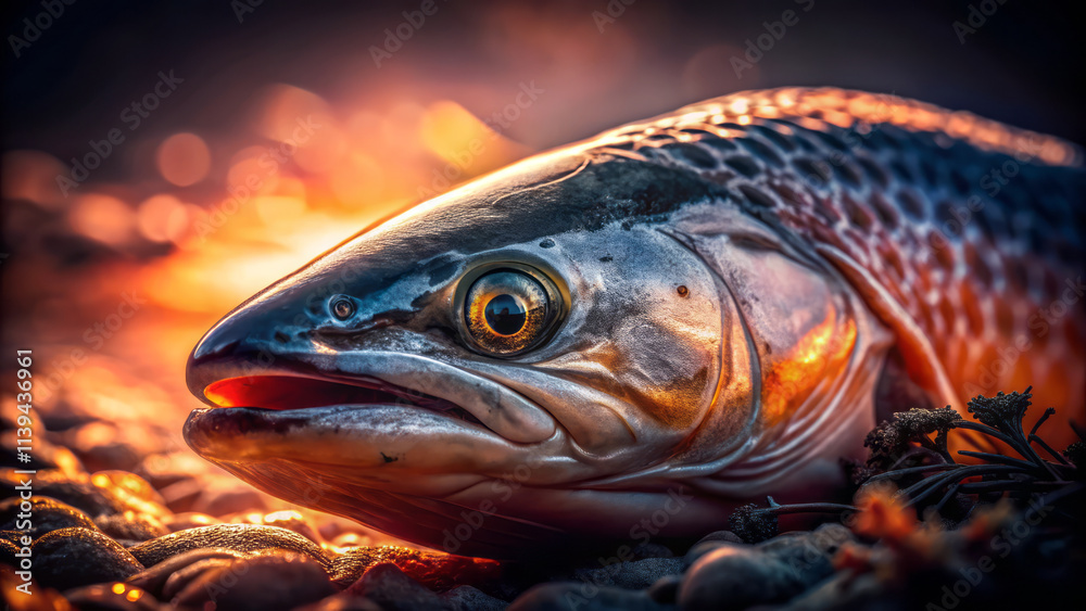 close up of fish with intricate details, showcasing its vibrant scales and striking eye, illuminated by warm sunlight reflecting off water close up of fish with intricate details, showcasing its vibrant scales and striking eye, illuminated by warm sunlight reflecting off water
