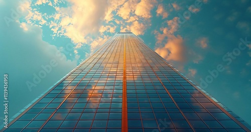 Towering skyscraper rises city its reflective glass panels mirroring sky above its pointed top piercing clouds #1139436958