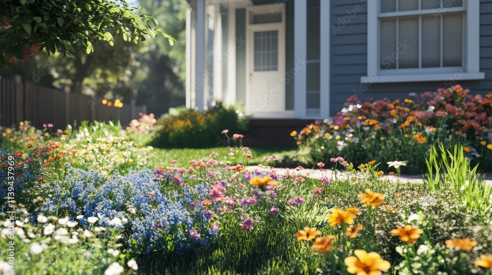 Vibrant Flower Garden Before Suburban House Vibrant Flower Garden Before Suburban House