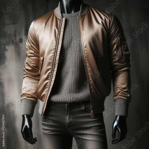 Gold Bomber Jacket with Ribbed Sweater photo