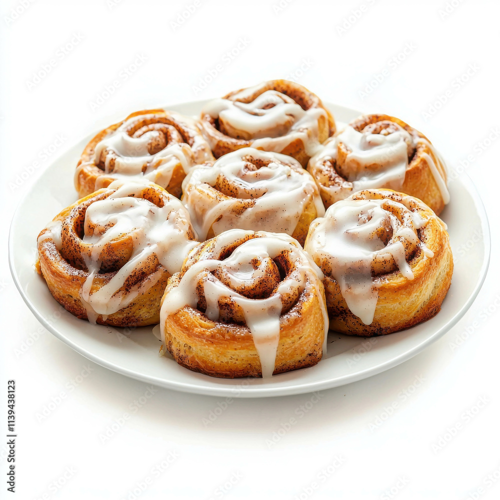 Freshly Baked Cinnamon Rolls with Creamy Icing on a White Plate Freshly Baked Cinnamon Rolls with Creamy Icing on a White Plate