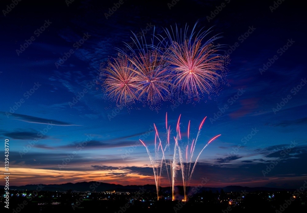 Fireworks Display Over City Skyline at Dusk Fireworks Display Over City Skyline at Dusk
