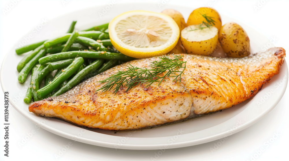 Pan-Seared Trout Fillet with Lemon, Green Beans, and Potatoes on White Plate Pan-Seared Trout Fillet with Lemon, Green Beans, and Potatoes on White Plate