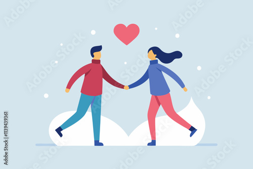 A flat design of a couple ice skating together with heart shaped lights in the background