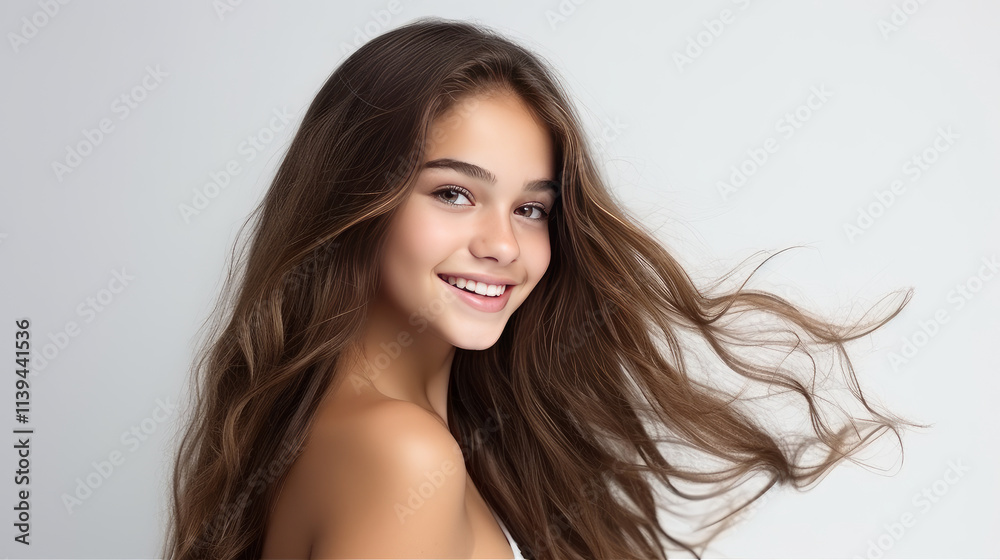 Portrait of Latin American teenage girl with long hair on white background. Portrait of Latin American teenage girl with long hair on white background.
