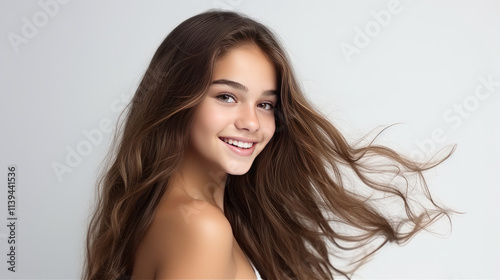 Portrait of Latin American teenage girl with long hair on white background.