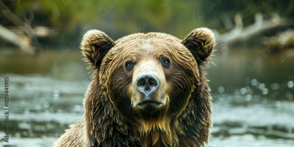 Portrait of a Grizzly Bear with blurred riverbank background, copy space, cinematic Portrait of a Grizzly Bear with blurred riverbank background, copy space, cinematic