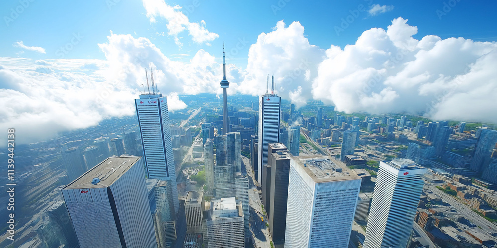 Obraz premium Aerial view of a city skyline with clouds.