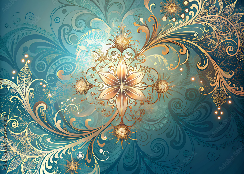 Intricate Floral Pattern with Golden Swirls on Blue Background Intricate Floral Pattern with Golden Swirls on Blue Background